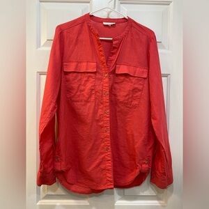 Women's Linen Cotton Blend Pink Button Up Blouse Classic Roll Tab Sleeve Size M